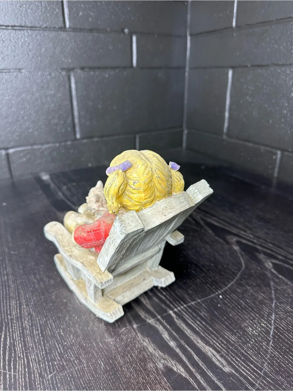 Vintage Resin Yard Art Sculpture- Girl with Cat Figurine - Yellow Skirt, Red Top